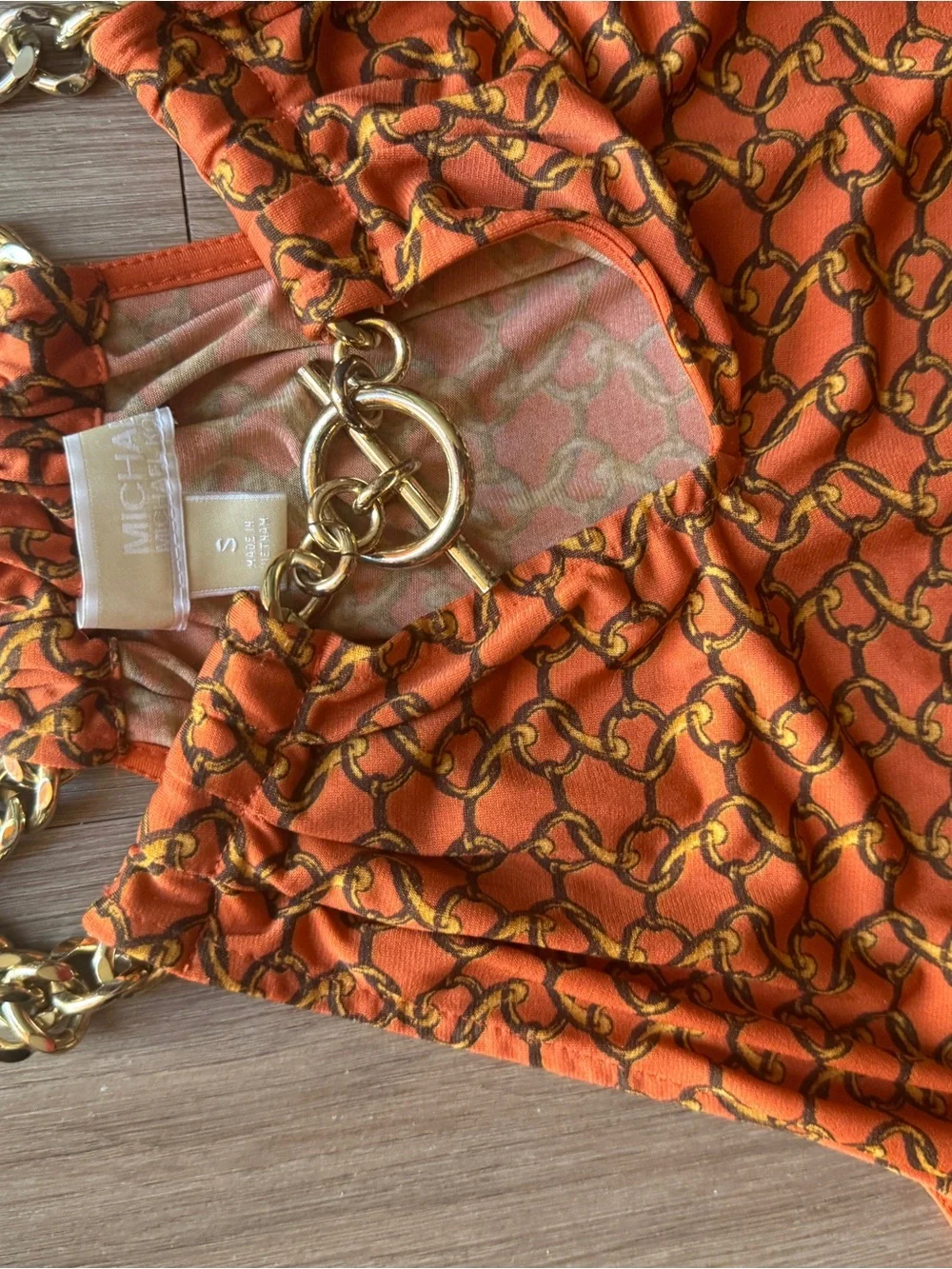 Michael Kors Orange Chain-Link Halter Mini Dress with Gold Straps